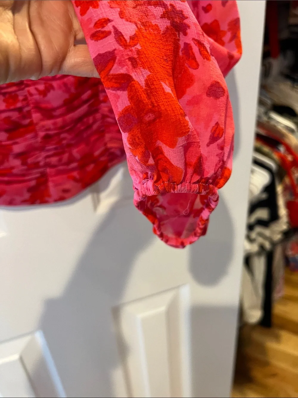 Free People Pink and Red Floral Off-Shoulder Ruched Blouse